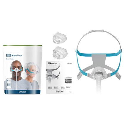 The Nova Nasal fit pack: the retail pouch, two spare cushions in other sizes, the mask and a guide
