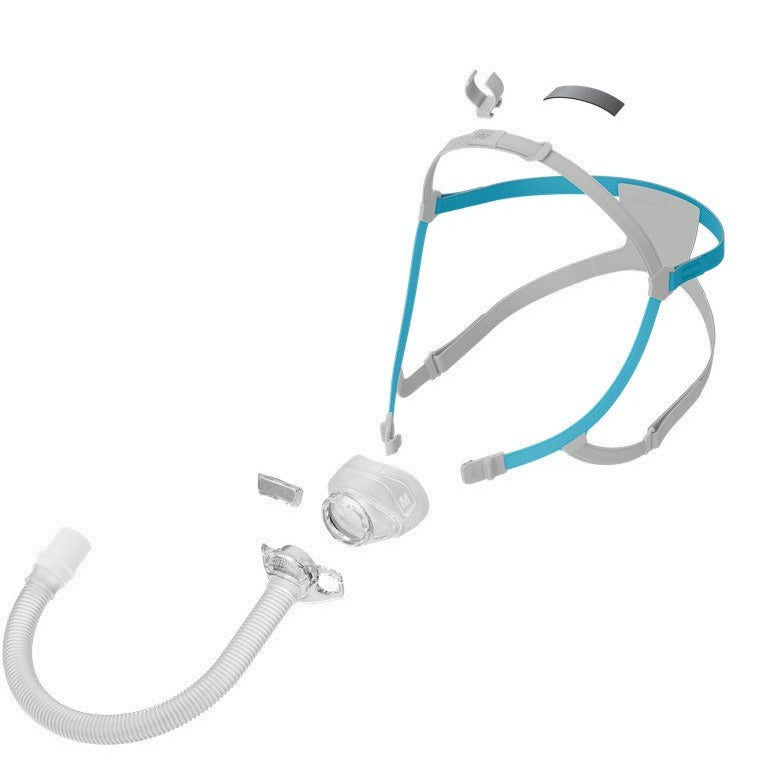 Exploded view of the Nova Nasal parts: headgear, tube clip, cushion, frame, fabric diffuser and short hose