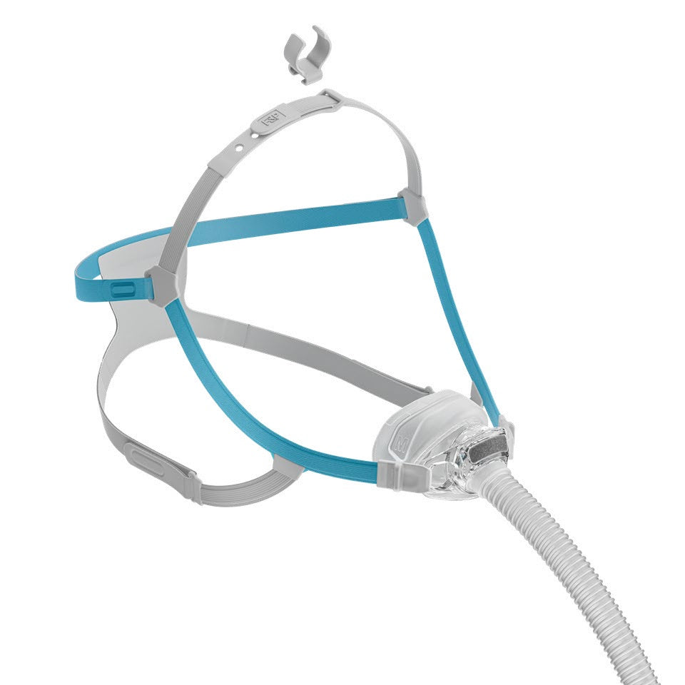 Angled view of the Fisher & Paykel Nova Nasal mask, with its teal and grey headgear and the hose below