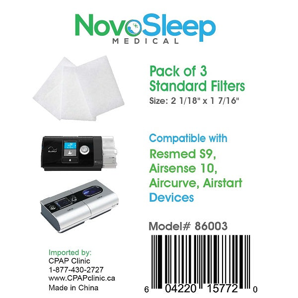 NovoSleep pack label for three standard filters, compatible with ResMed S9, AirSense 10, AirCurve and AirStart devices