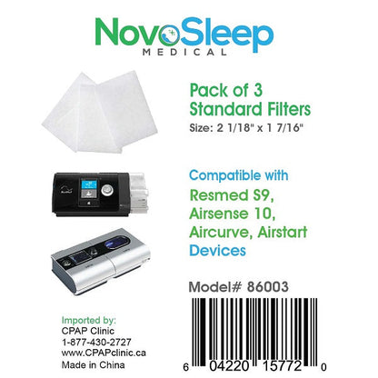 NovoSleep pack label for three standard filters, compatible with ResMed S9, AirSense 10, AirCurve and AirStart devices