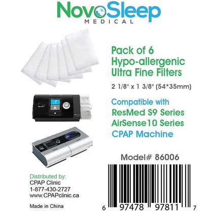 NovoSleep pack label for six hypoallergenic ultra-fine filters, compatible with ResMed S9 and AirSense 10 machines