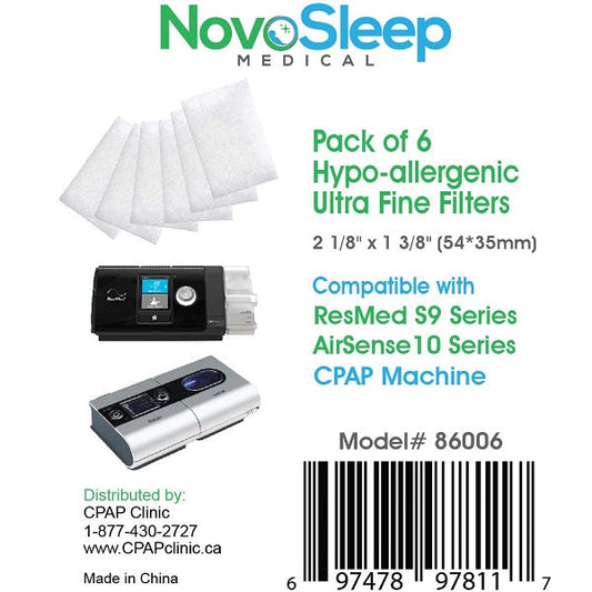 NovoSleep pack label for six hypoallergenic ultra-fine filters, compatible with ResMed S9 and AirSense 10 machines