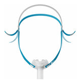 Front view of the Fisher & Paykel Nova Micro, its small clear pillows cushion below teal and grey headgear
