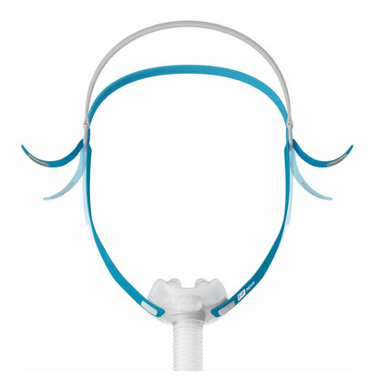 Front view of the Fisher & Paykel Nova Micro, its small clear pillows cushion below teal and grey headgear