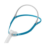 Angled view of the Nova Micro showing the pillows cushion, the teal side straps, and the grey top strap
