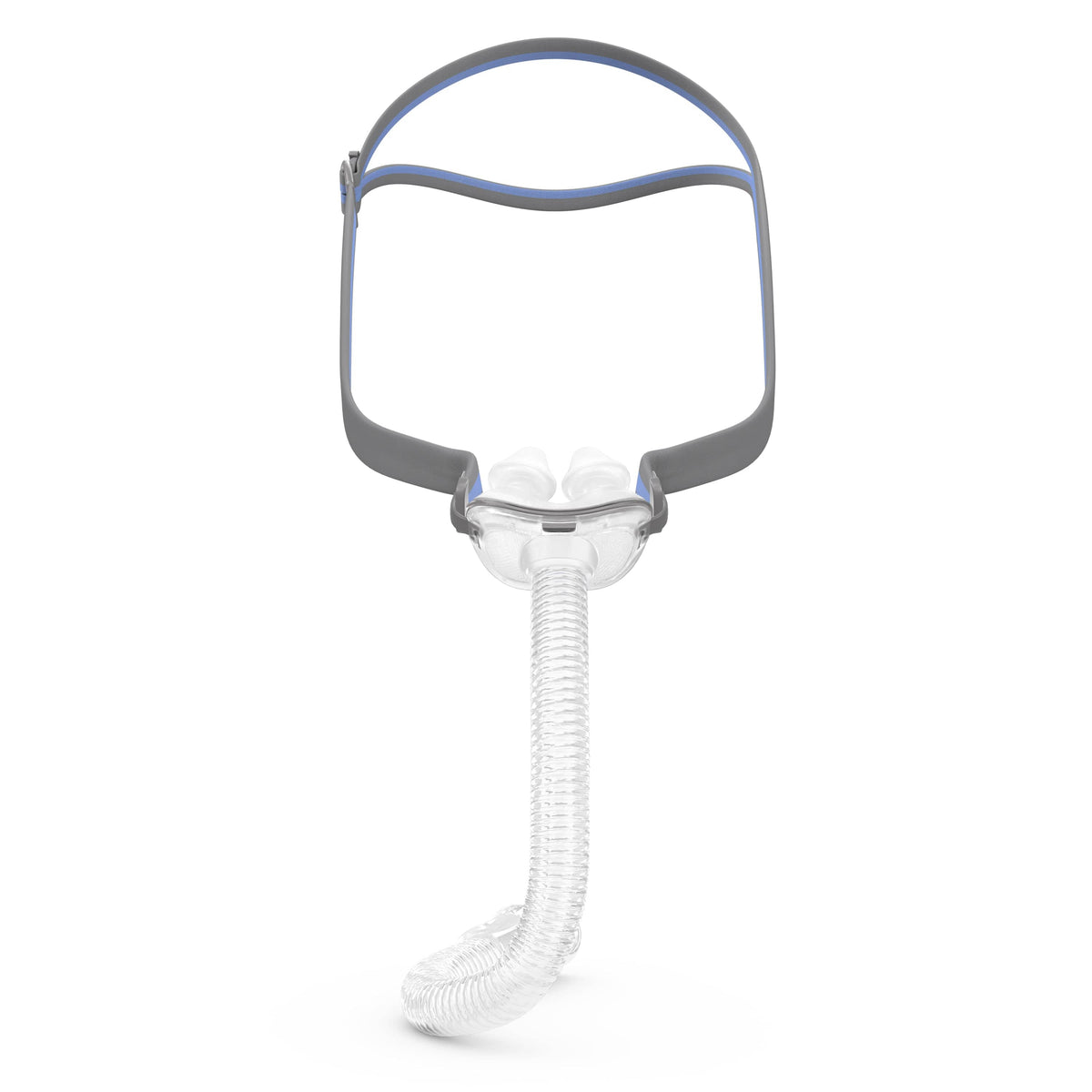ResMed AirFit P10 nasal pillows mask with its QuickFit headgear threaded onto the frame and the short tube below