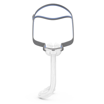 ResMed AirFit P10 nasal pillows mask with its QuickFit headgear threaded onto the frame and the short tube below