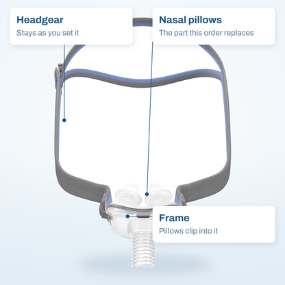 AirFit P10 callout diagram: the nasal pillows this order replaces, the headgear and the frame they clip into