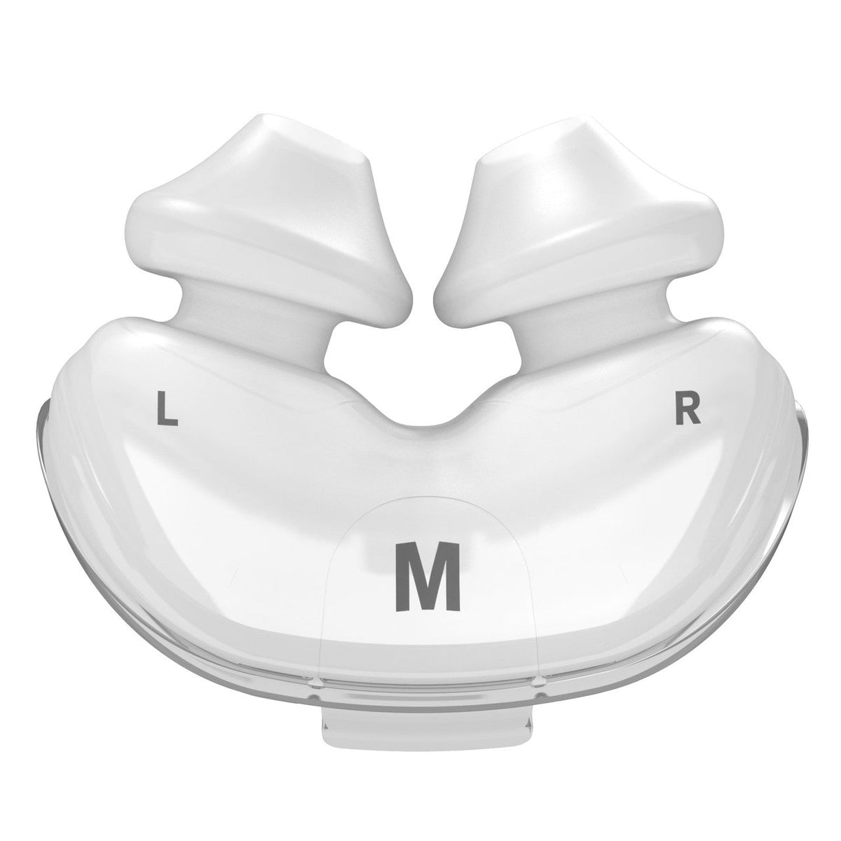 Front view of ResMed AirFit P10 nasal pillows in Medium, with the size letter and L and R marks