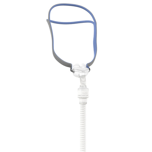 Front view of the ResMed AirFit P10 for AirMini mask, with blue and grey split headgear and the AirMini tube