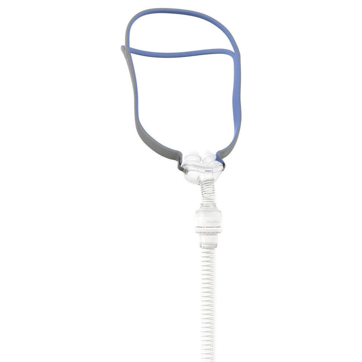 Front view of the ResMed AirFit P10 for AirMini mask, with blue and grey split headgear and the AirMini tube