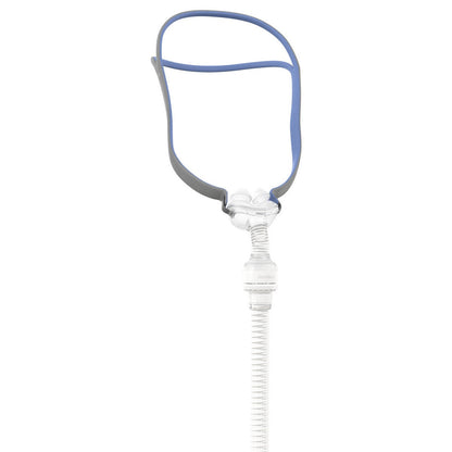 Front view of the ResMed AirFit P10 for AirMini mask, with blue and grey split headgear and the AirMini tube