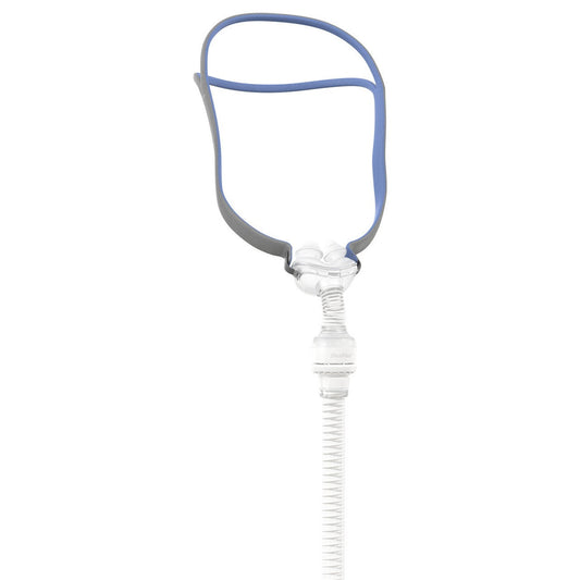 Front view of the ResMed AirFit P10 for AirMini mask, with blue and grey split headgear and the AirMini tube