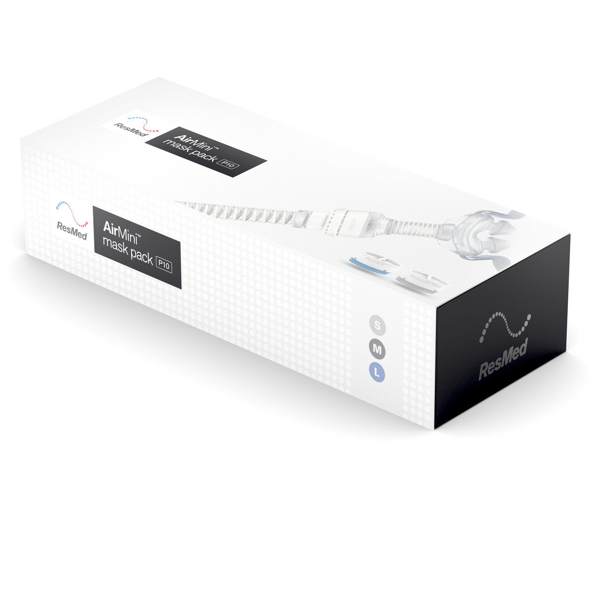 The AirMini mask pack box for the AirFit P10, marked with small, medium and large pillow sizes