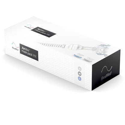 The AirMini mask pack box for the AirFit P10, marked with small, medium and large pillow sizes