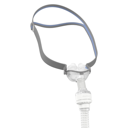 Angled view of the AirFit P10 for AirMini from the side, with pillows, short mask tube and vent module