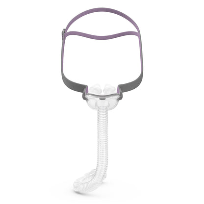 Front view of the ResMed AirFit P10 For Her nasal pillows mask with lavender headgear and short tube