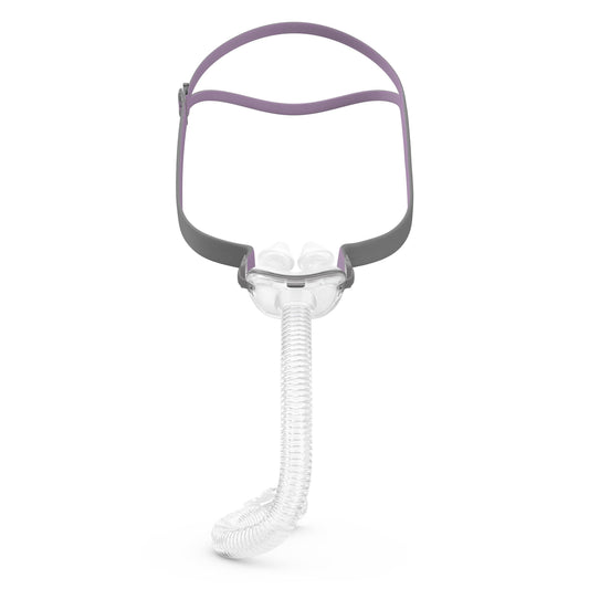 Front view of the ResMed AirFit P10 For Her nasal pillows mask with lavender headgear and short tube