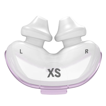 Close view of the Extra Small AirFit P10 pillows, marked XS, with the L and R markings visible