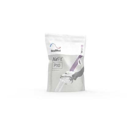 Front view of the AirFit P10 For Her retail pouch with the mask and lavender headgear shown on it