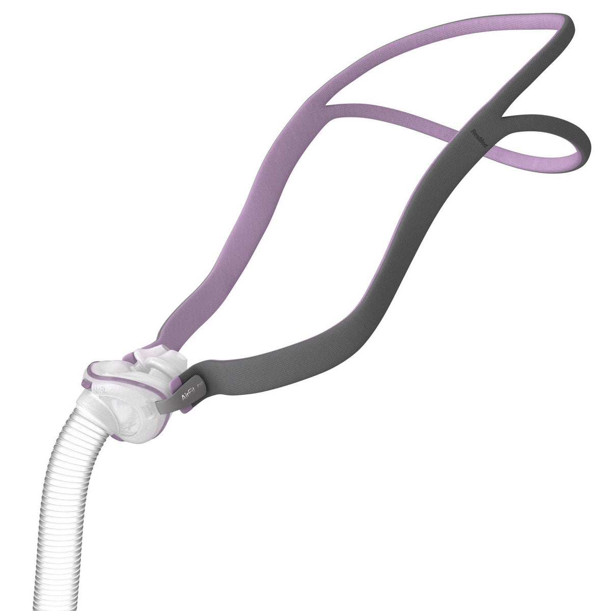 Angled view of the AirFit P10 For Her showing the nasal pillows, frame and split lavender headgear