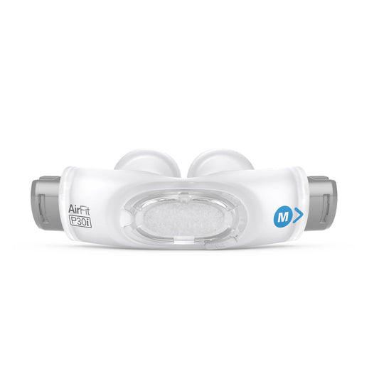 Front view of the ResMed AirFit P30i pillows cushion in Medium, with the blue M size letter