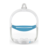Front view of an AirFit P30i nasal pillows mask with the blue 30i headgear joined to its frame