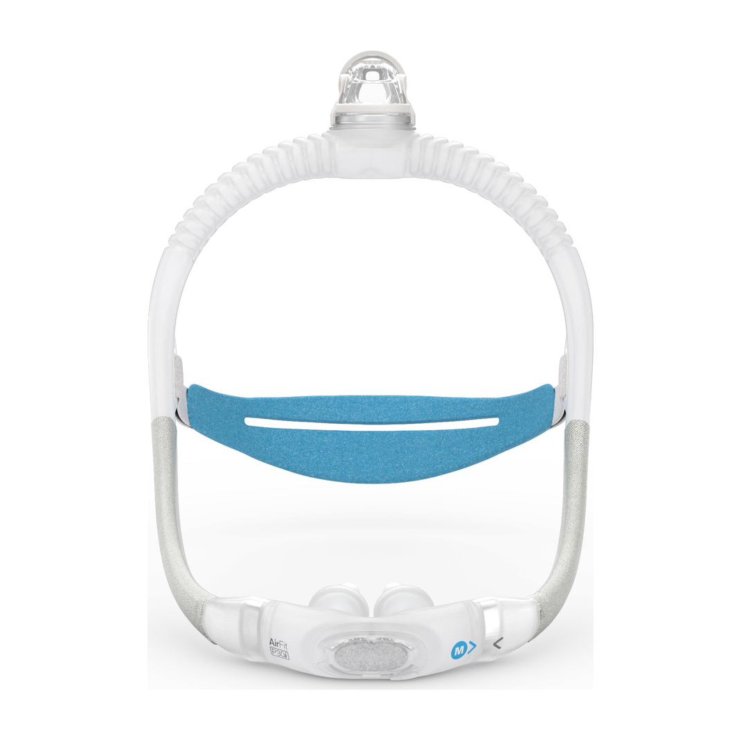 Front view of an AirFit P30i nasal pillows mask with the blue 30i headgear joined to its frame