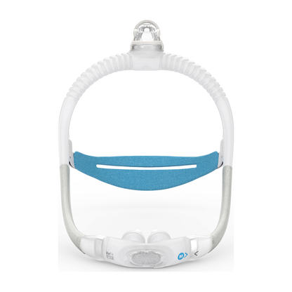 Front view of an AirFit P30i nasal pillows mask with the blue 30i headgear joined to its frame