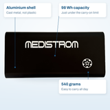 Medistrom Pilot Flex callout diagram: aluminium shell, 98 Wh carry-on capacity, and its 540 gram weight