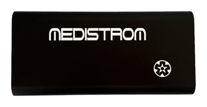 Front view of the Medistrom Pilot Flex CPAP battery in Charcoal, showing its aluminium case and Medistrom logo