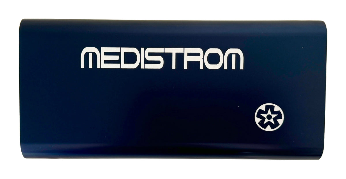 Front view of the Medistrom Pilot Flex CPAP battery in Dark Navy, with the Medistrom logo on its aluminium case
