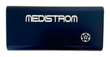 Front view of the Medistrom Pilot Flex CPAP battery in Dark Navy, with the Medistrom logo on its aluminium case