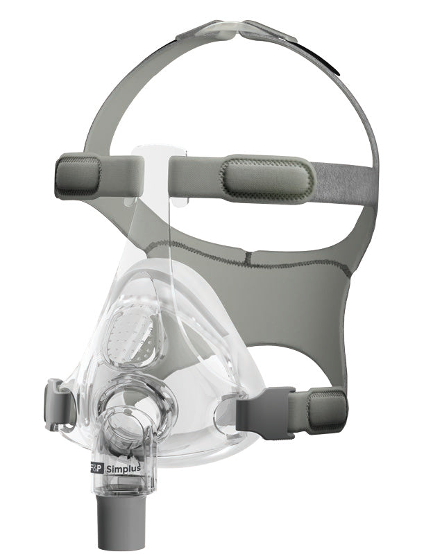 The Simplus mask turned at an angle, showing the grey headgear, the low frame and the swivel elbow marked Simplus