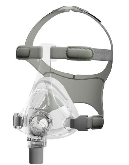 The Simplus mask turned at an angle, showing the grey headgear, the low frame and the swivel elbow marked Simplus