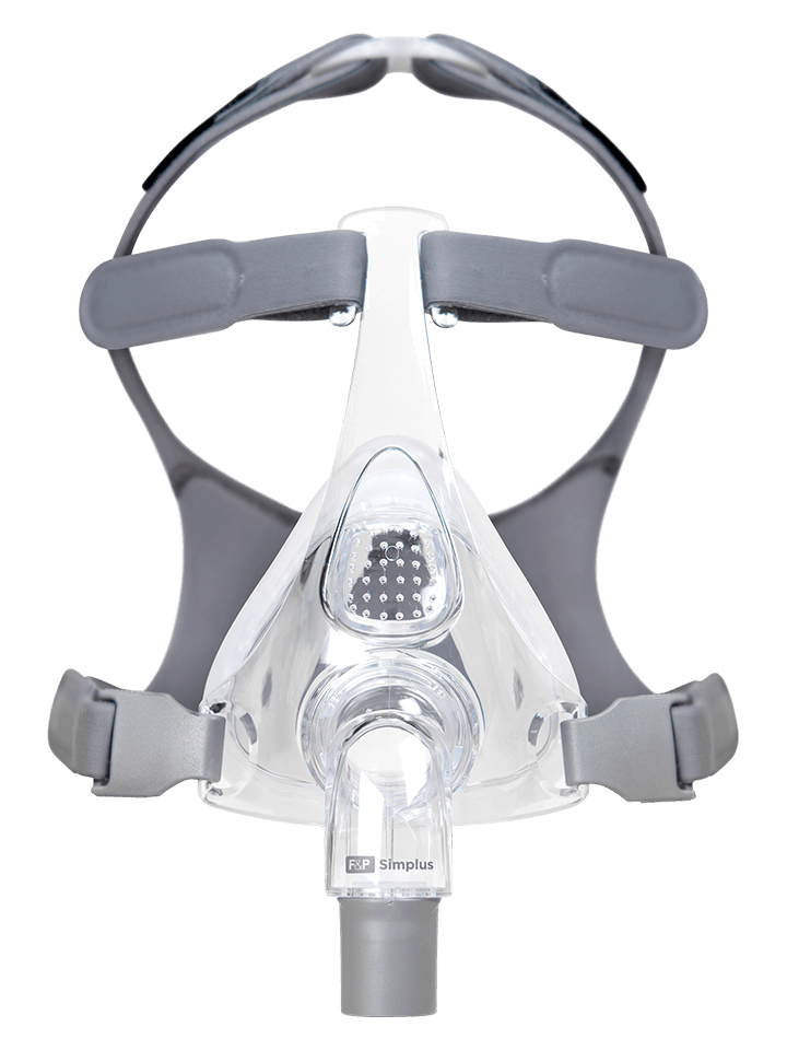 Front view of the Fisher & Paykel Simplus mask on white, with grey ErgoForm headgear and a clear frame