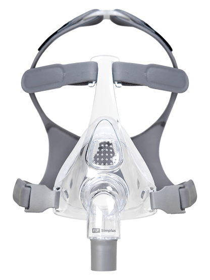 Front view of the Fisher & Paykel Simplus mask on white, with grey ErgoForm headgear and a clear frame