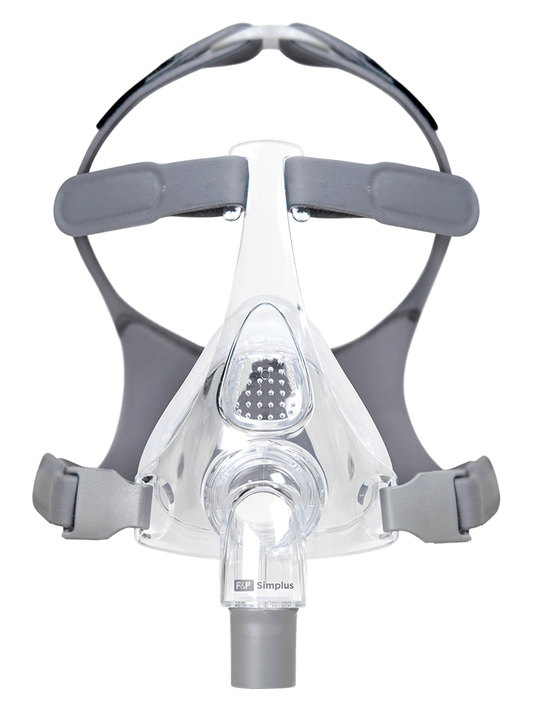 Front view of the Fisher & Paykel Simplus mask on white, with grey ErgoForm headgear and a clear frame