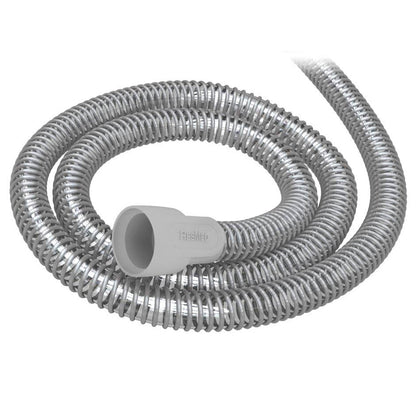 Coiled ResMed SlimLine tube in grey, with the ResMed cuff at one end facing the camera