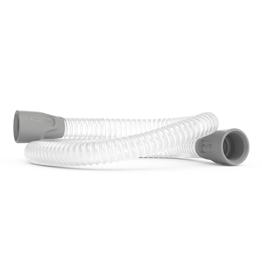 ResMed SlimLine tube in clear ribbed plastic with a grey cuff at each end, on a white background