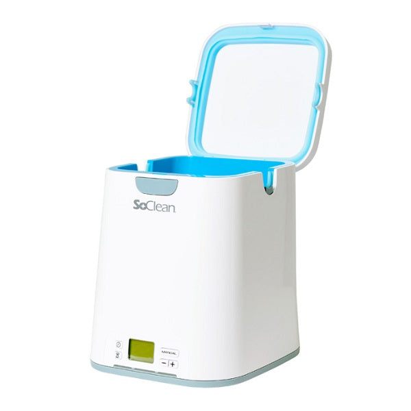 The SoClean 2 with its lid open, showing the chamber where a CPAP mask sits during a cycle