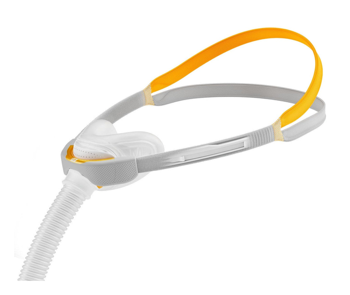 Angled view of the Solo Nasal showing the cushion, the tube and the grey and orange straps