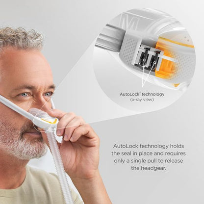Man with a beard wearing the Solo Nasal CPAP Mask with headgear, with an inset image highlighting the quiet ventilation ports.