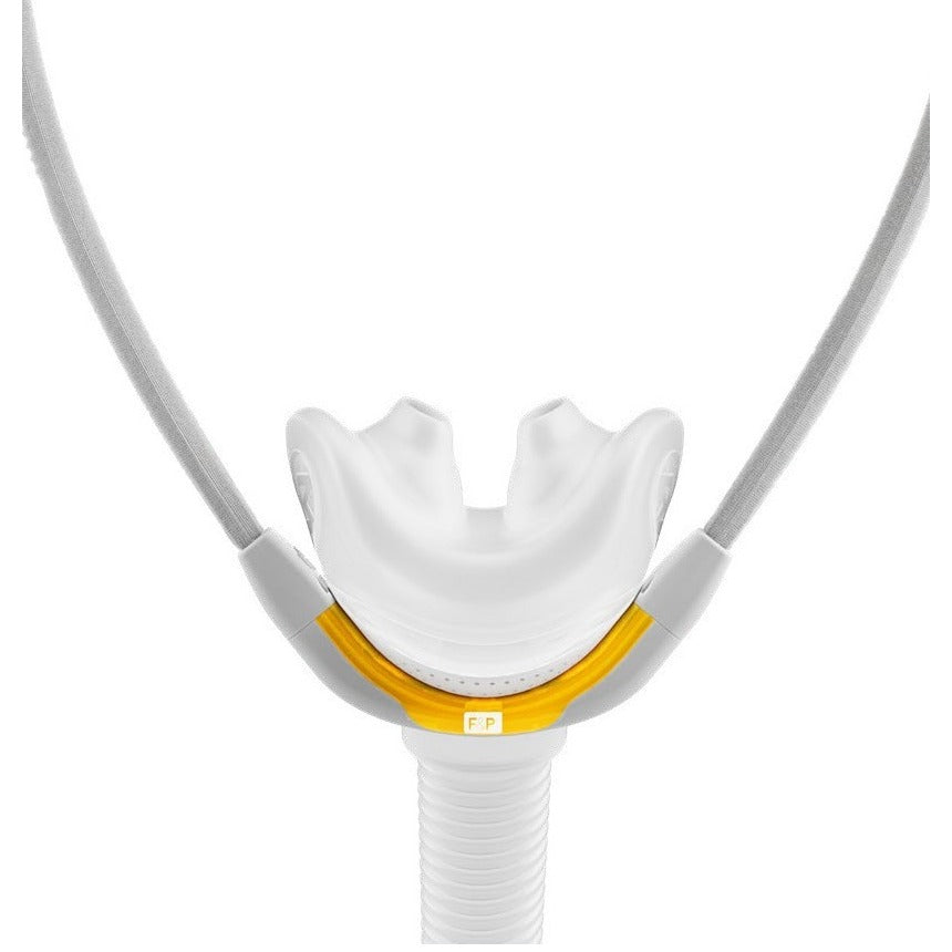 Front view of the F&P Solo Pillows, its two silicone pillows sitting above the coloured frame band