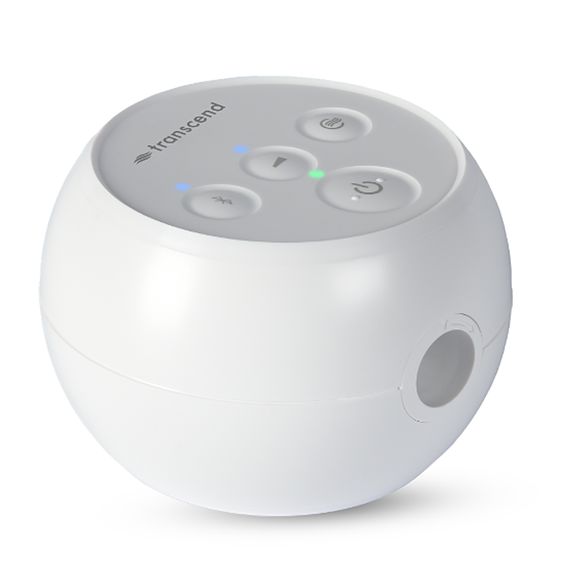 Front view of the white Transcend Micro Auto CPAP showing its four top buttons and round air outlet