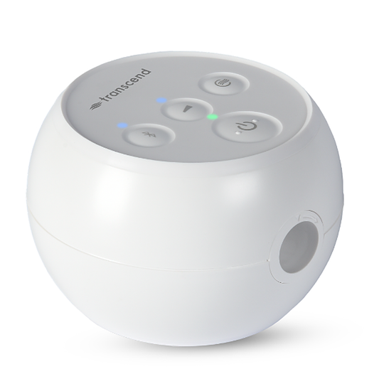 Front view of the white Transcend Micro Auto CPAP showing its four top buttons and round air outlet