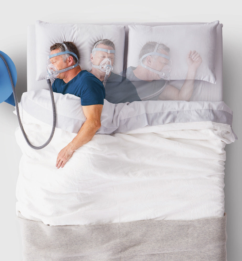 Overhead view of a man asleep in the Vitera mask, shown in three positions on the pillow as he turns
