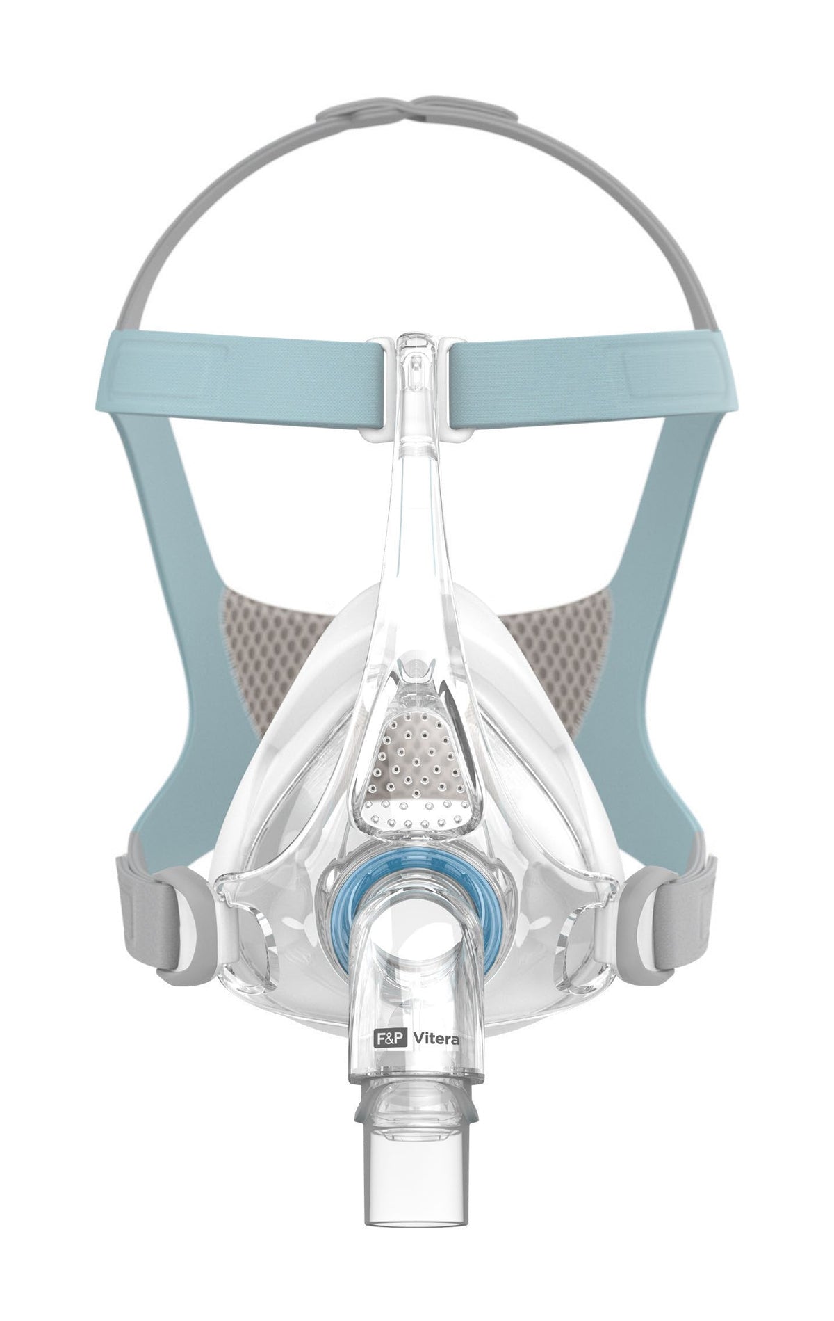Front view of the Vitera full face mask on white, the blue ring on the elbow below teal VentiCool headgear