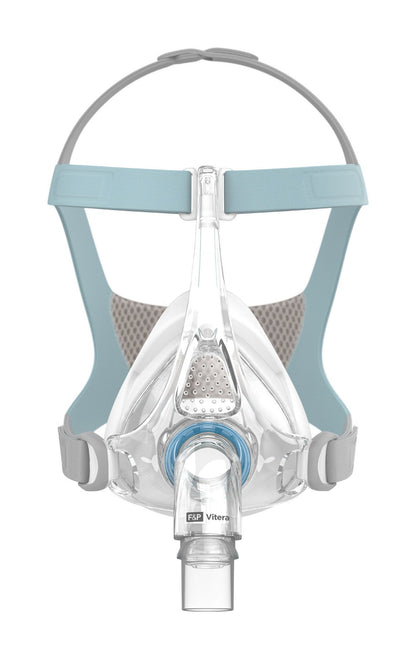 Front view of the Vitera full face mask on white, the blue ring on the elbow below teal VentiCool headgear